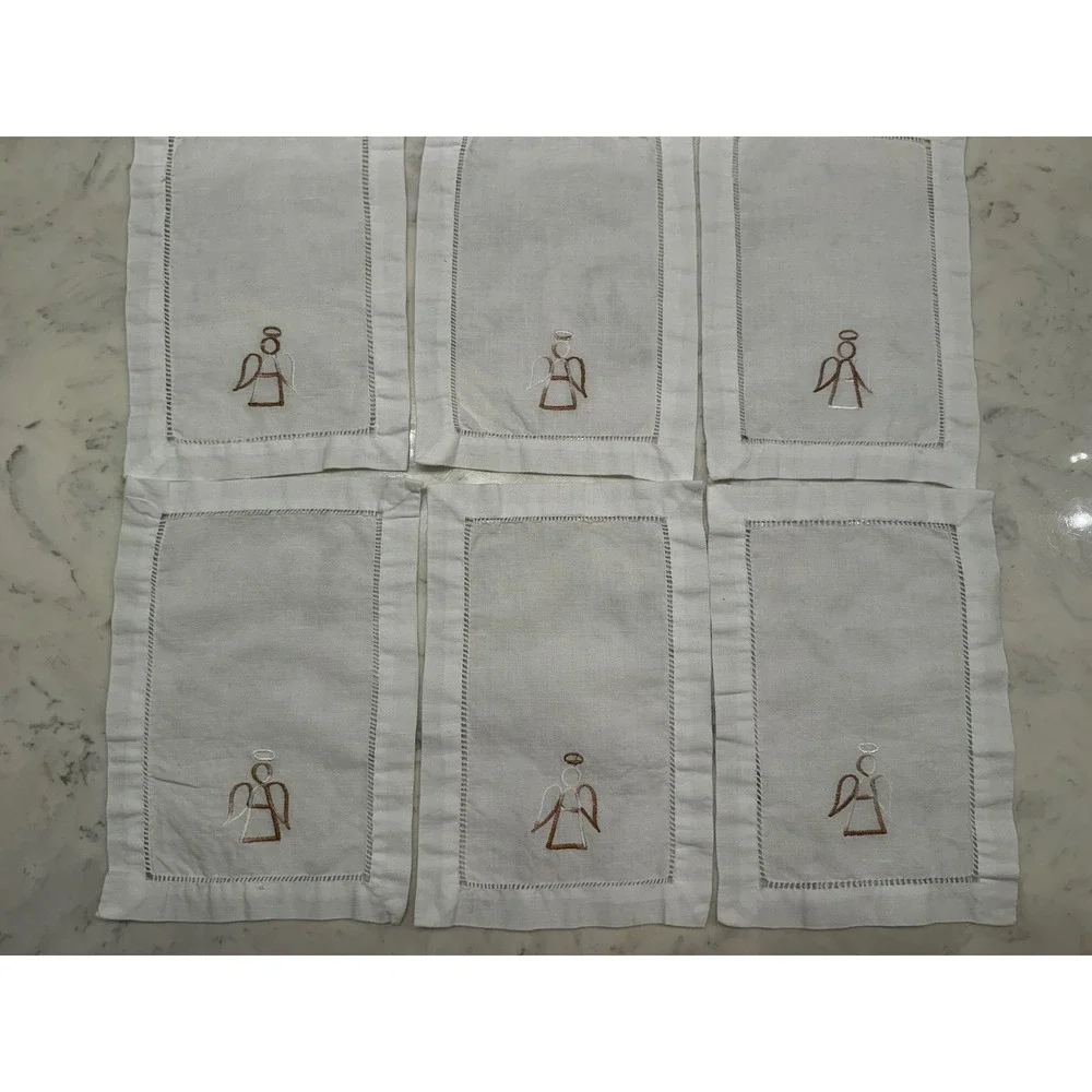 Set of 6 White Linen Cocktail Napkins Embroidered Angel Hemstitch Christmas